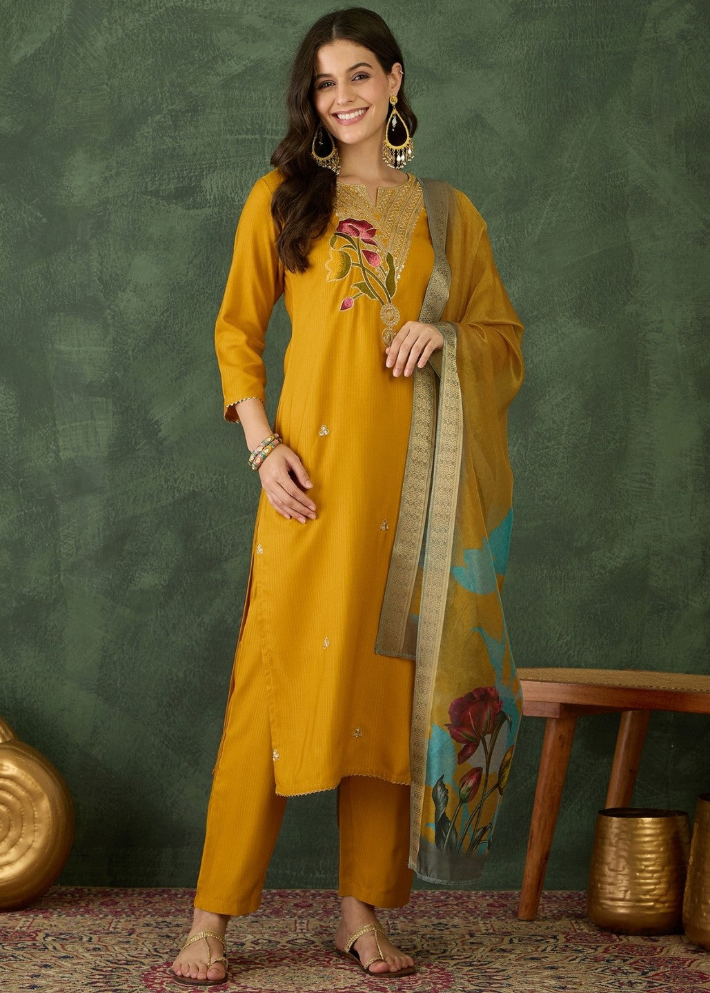 Mustard Yellow Embroidered Kurta Set