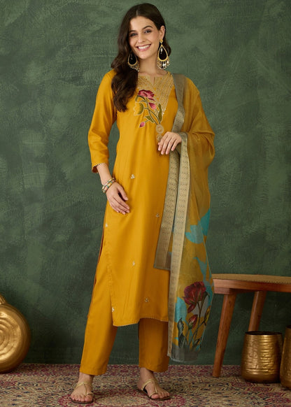 Mustard Yellow Embroidered Kurta Set