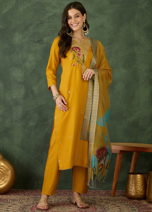 Mustard Yellow Embroidered Kurta Set