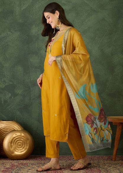 Mustard Yellow Embroidered Kurta Set