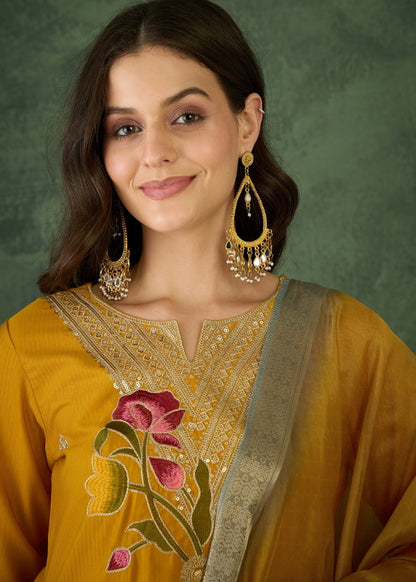 Mustard Yellow Embroidered Kurta Set