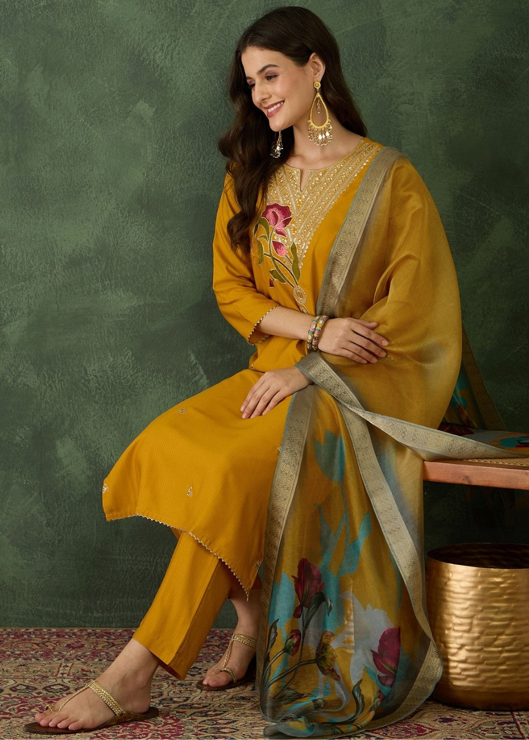 Mustard Yellow Embroidered Kurta Set