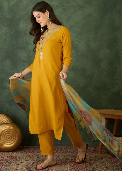 Mustard Yellow Embroidered Kurta Set