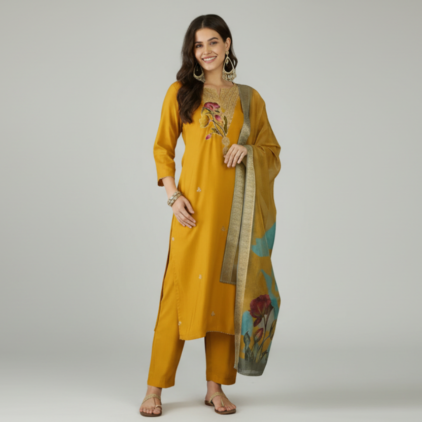 Mustard Yellow Embroidered Kurta Set