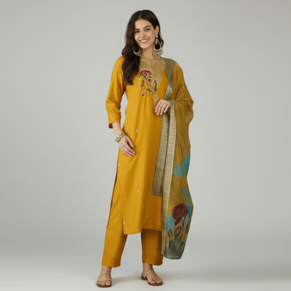 Mustard Yellow Embroidered Kurta Set