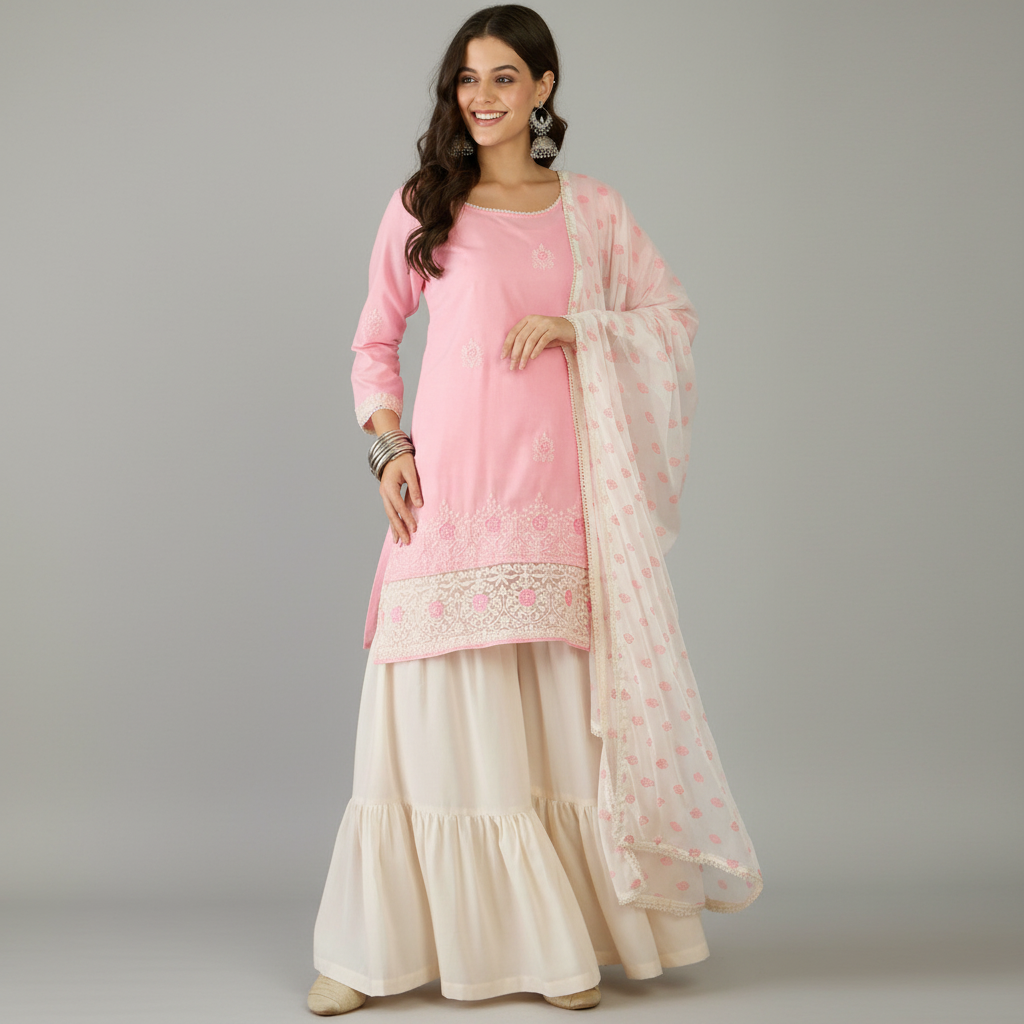 Pastel Peach Cotton Satin Kurta Set