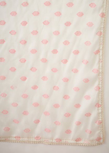 White fabric with pink floral patterns on a white background