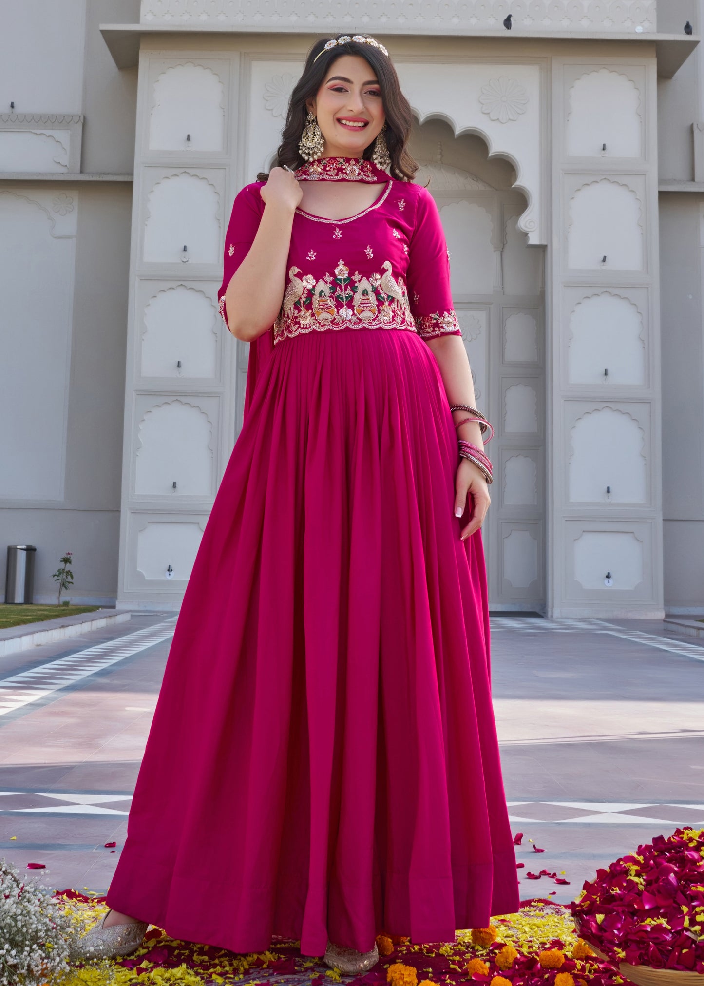Rani Pink Elegant Flare Embroidered Gown