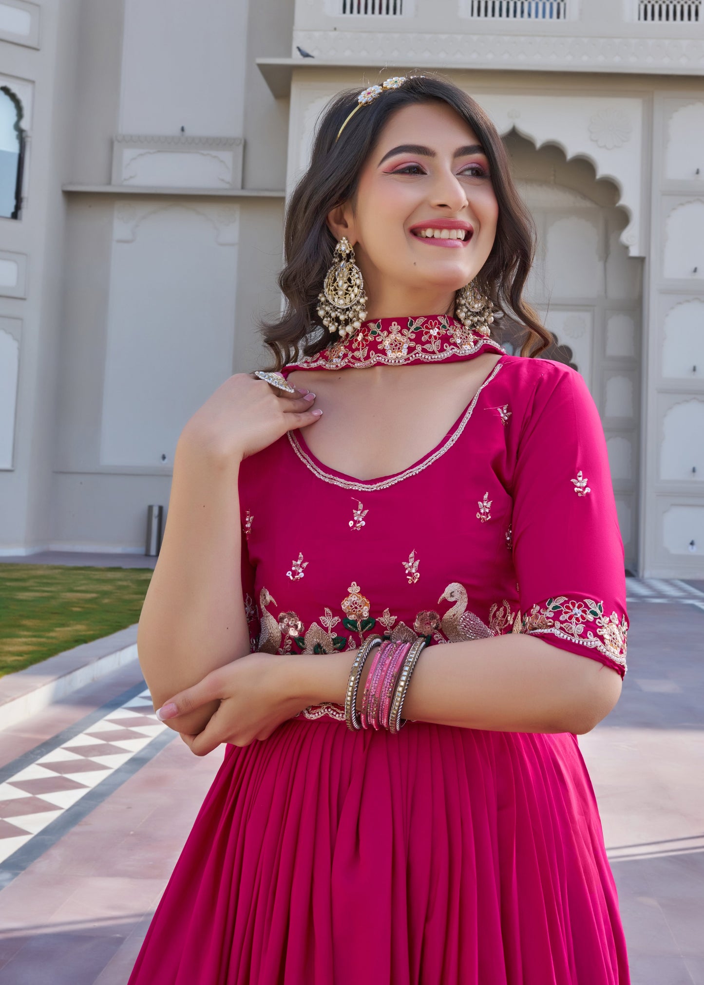 Rani Pink Elegant Flare Embroidered Gown