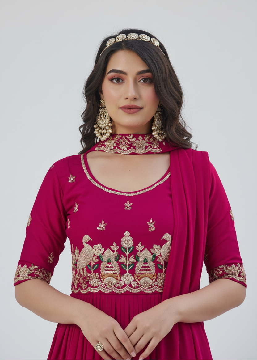 Woman wearing a pink embroidered dress with gold details on a white background