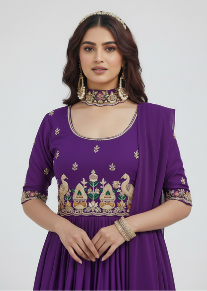 Royal Violet Elegant Flare Embroidered Gown