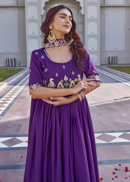 Royal Violet Elegant Flare Embroidered Gown