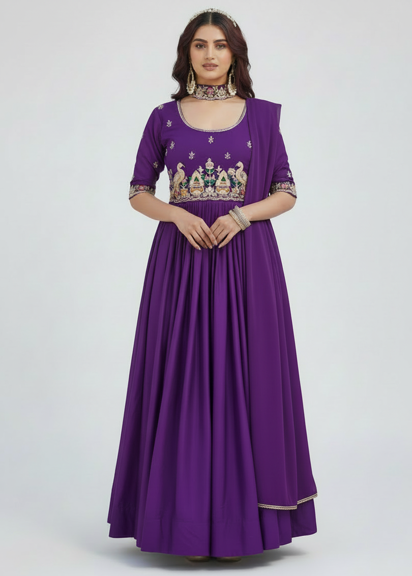 Woman wearing a purple gown with intricate designs on a white background