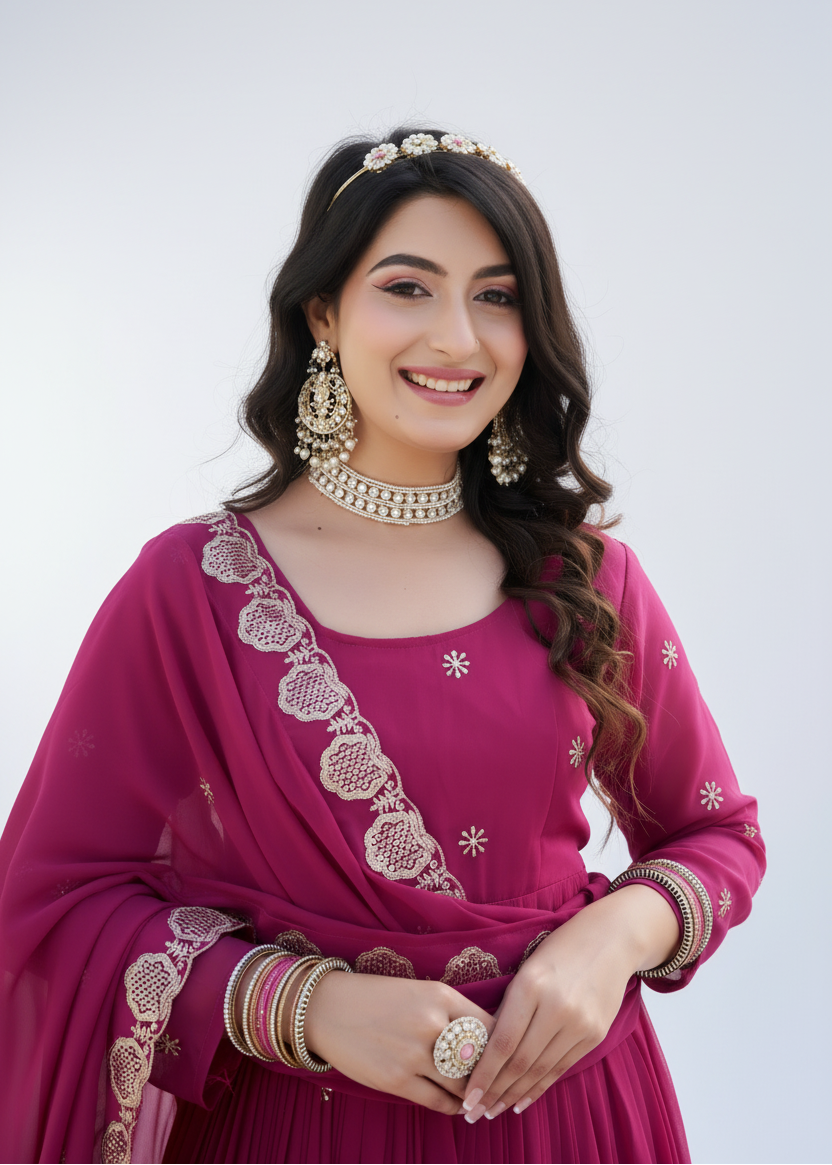 Elegant Magenta Fox Georgette Embroidered Gown