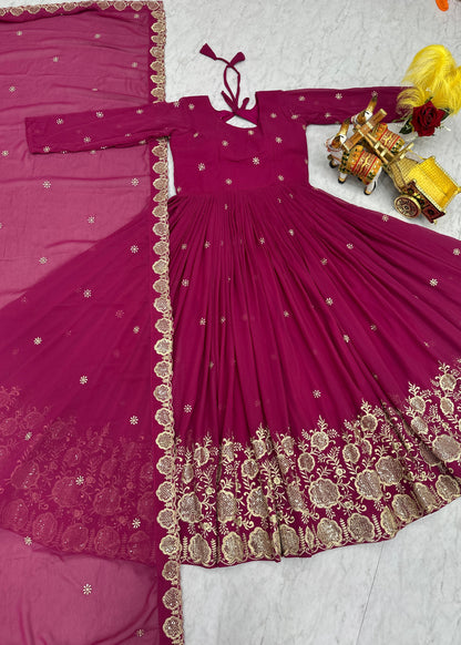 Elegant Magenta Fox Georgette Embroidered Gown