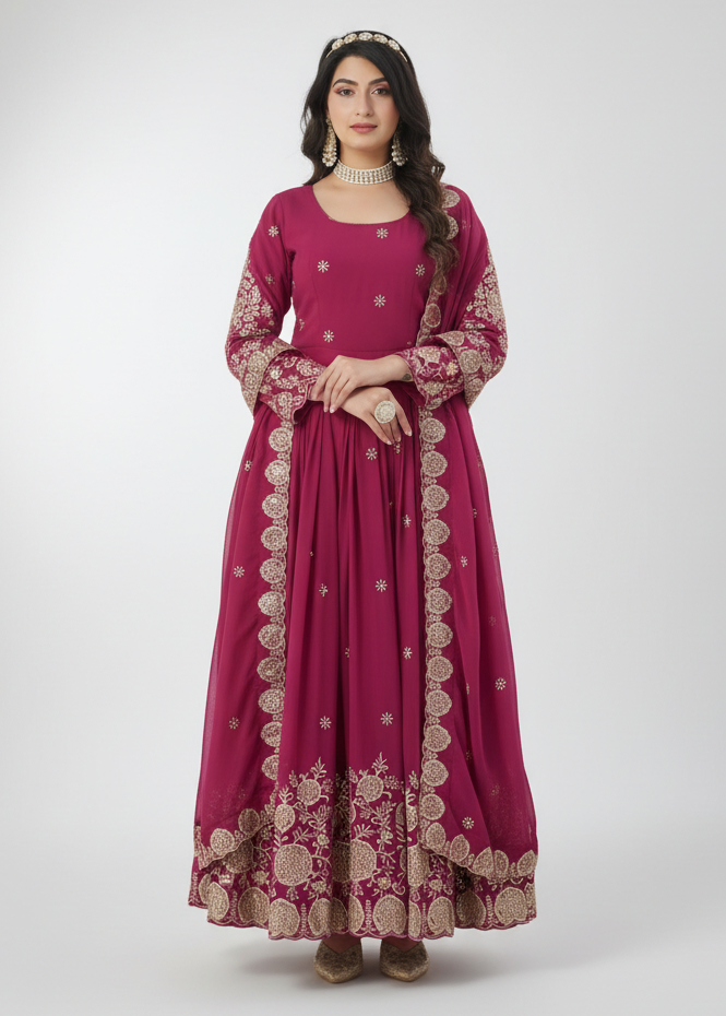 Woman wearing a long, embroidered pink dress on a white background