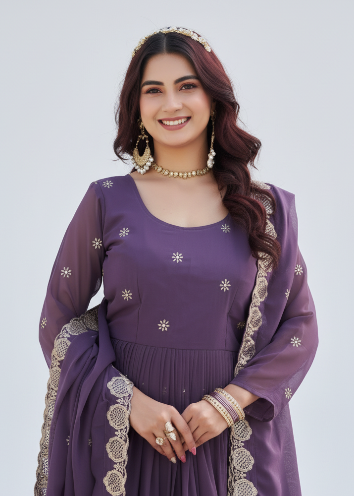 Woman wearing a purple traditional outfit with gold embroidery on a white background