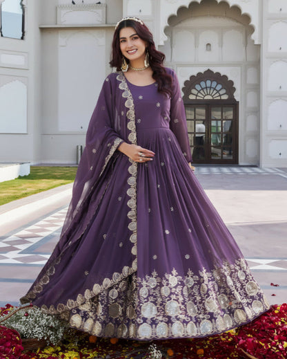 Royal Purple Fox Georgette Embroidered Gown
