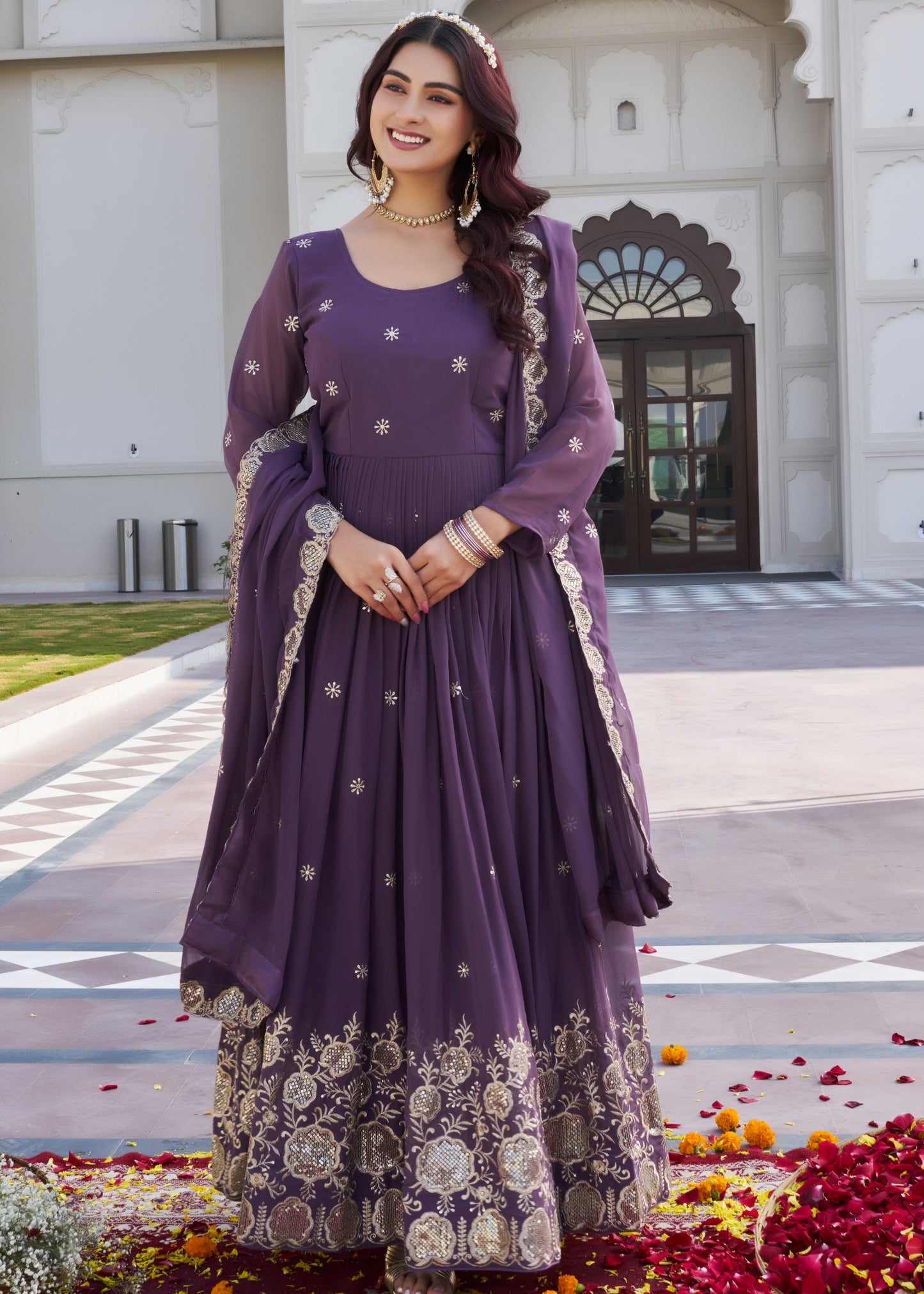Royal Purple Fox Georgette Embroidered Gown