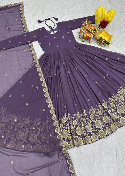 Royal Purple Fox Georgette Embroidered Gown