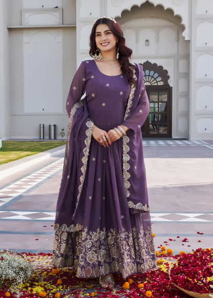 Royal Purple Fox Georgette Embroidered Gown