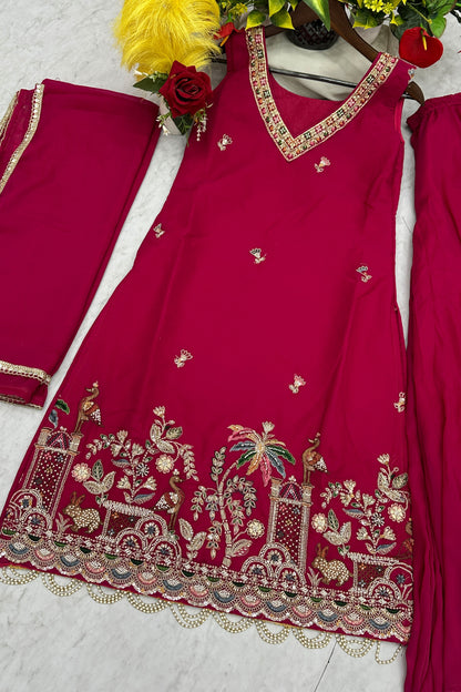 Rani Pink Embroidered Kurta Sharara Set