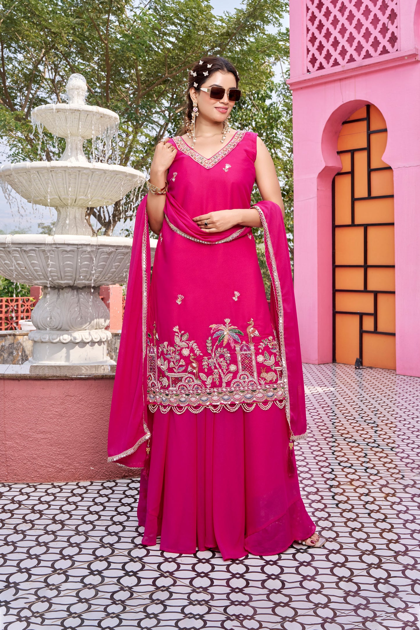 Rani Pink Embroidered Kurta Sharara Set