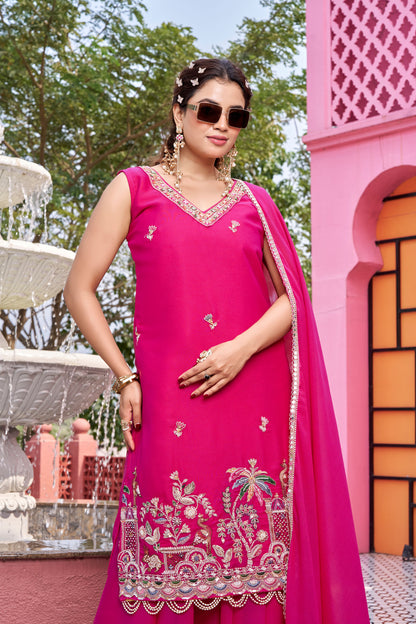 Rani Pink Embroidered Kurta Sharara Set