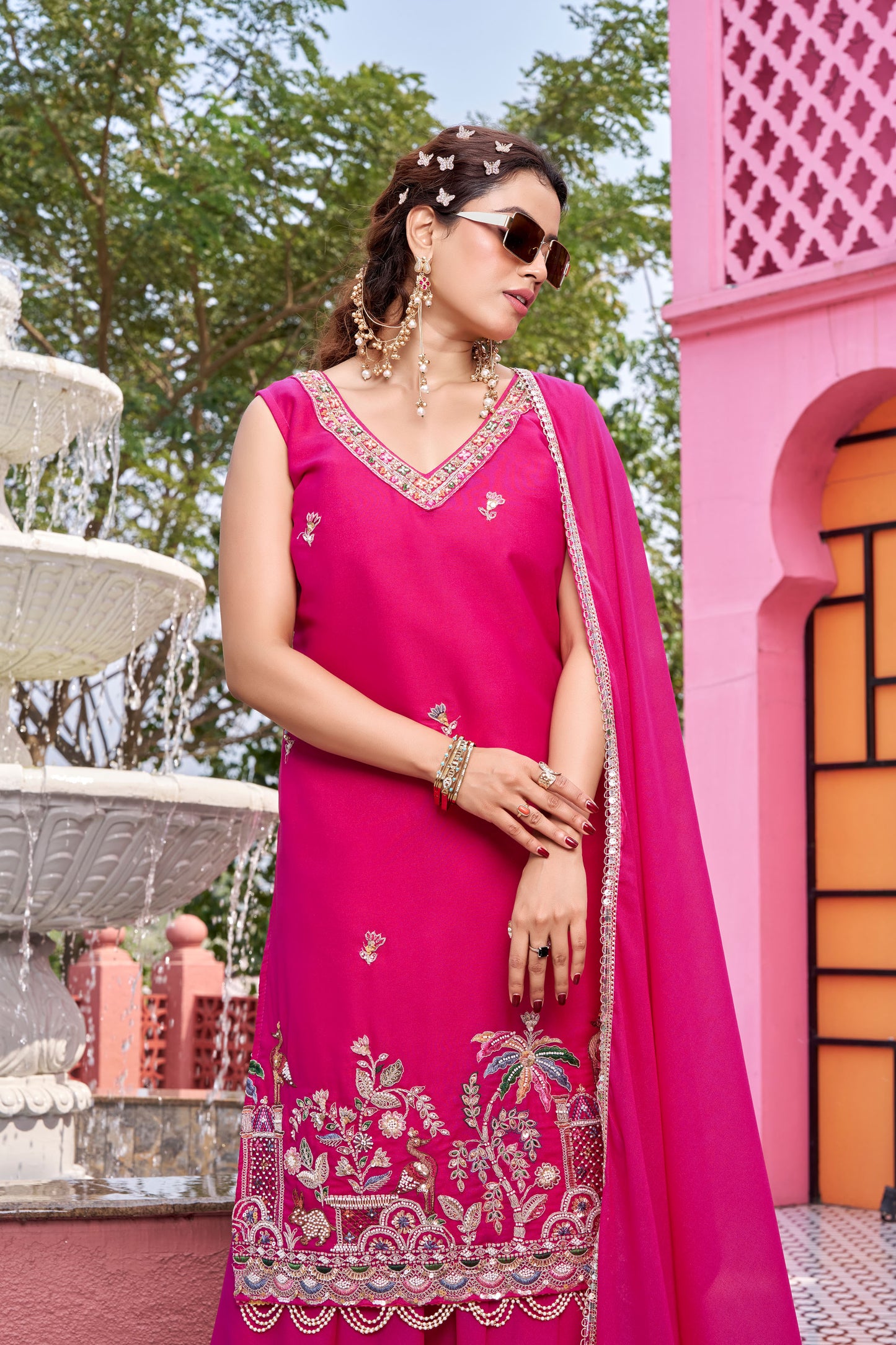 Rani Pink Embroidered Kurta Sharara Set