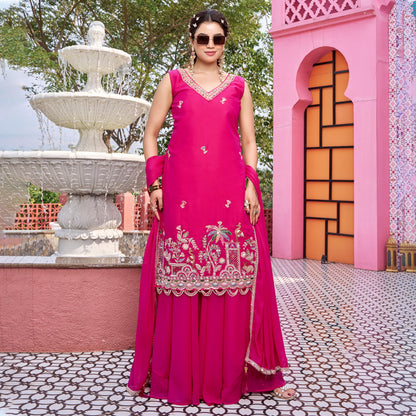 Rani Pink Embroidered Kurta Sharara Set