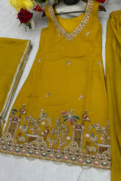 Mustard Yellow Embroidered Kurta Sharara Set
