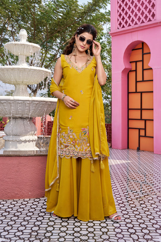 Mustard Yellow Embroidered Kurta Sharara Set