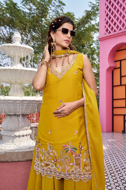 Mustard Yellow Embroidered Kurta Sharara Set