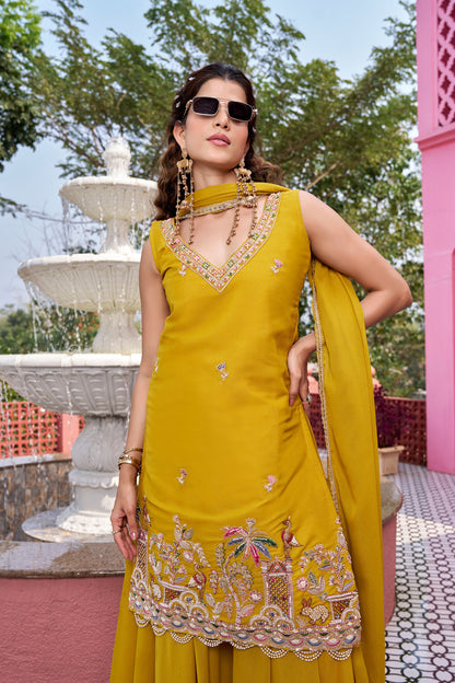 Mustard Yellow Embroidered Kurta Sharara Set