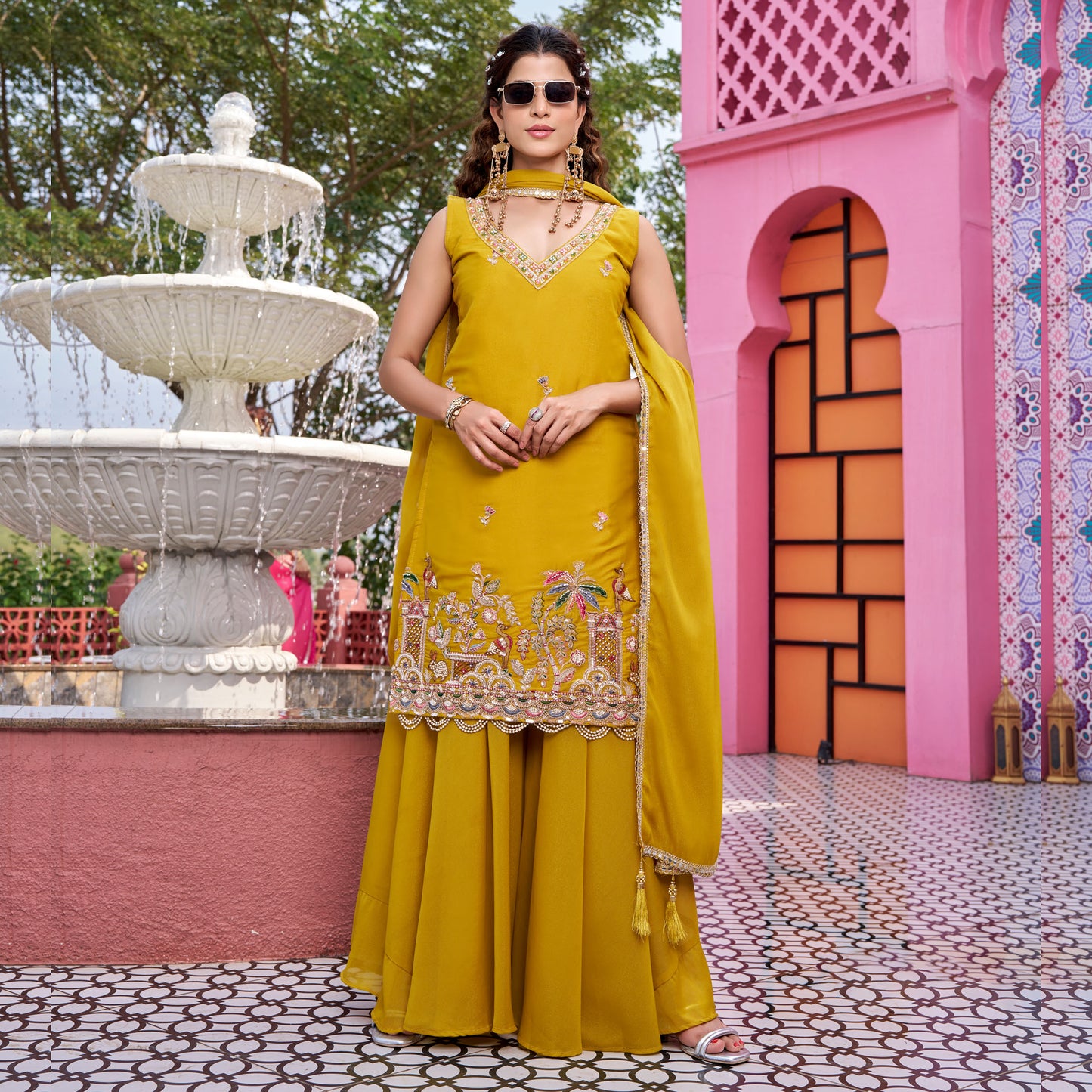 Mustard Yellow Embroidered Kurta Sharara Set