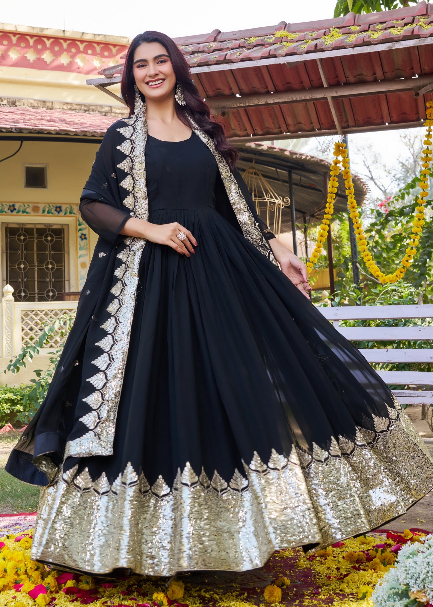 Black and Gold Embroidered Anarkali Gown