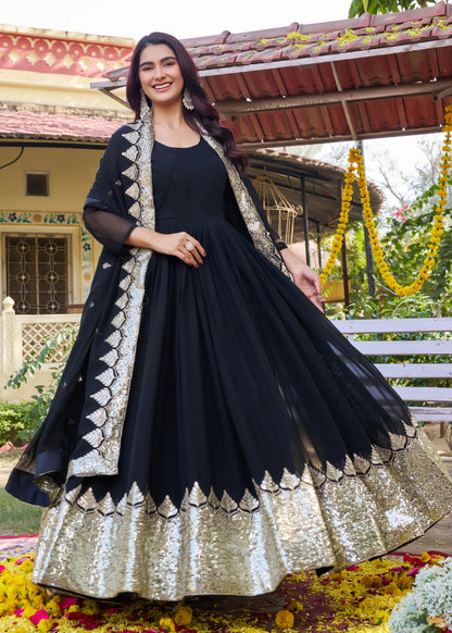 Black and Gold Embroidered Anarkali Gown