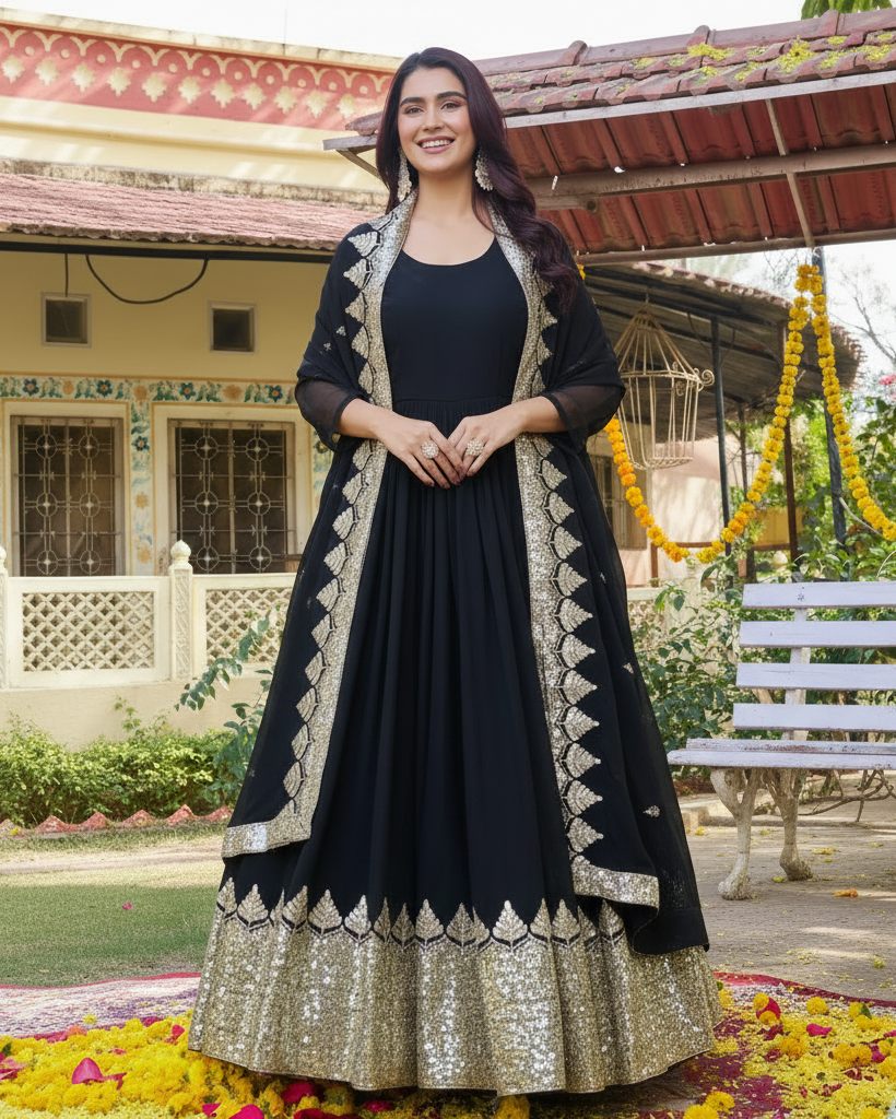 Black and Gold Embroidered Anarkali Gown