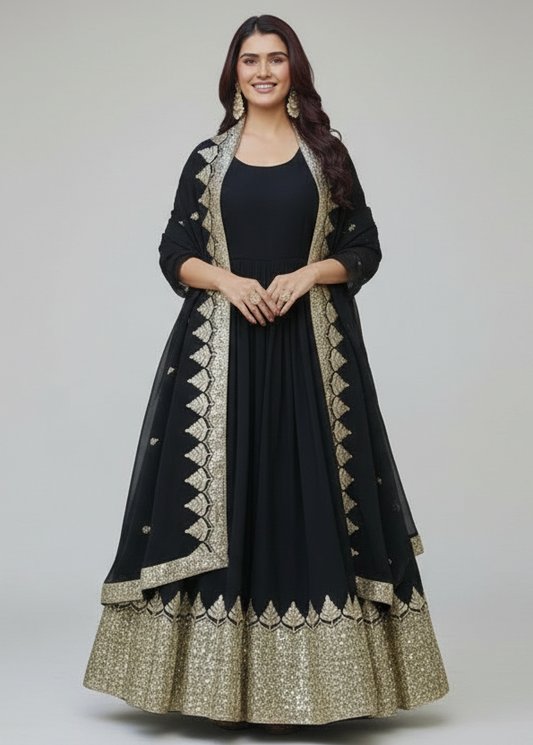 Black and Gold Embroidered Anarkali Gown