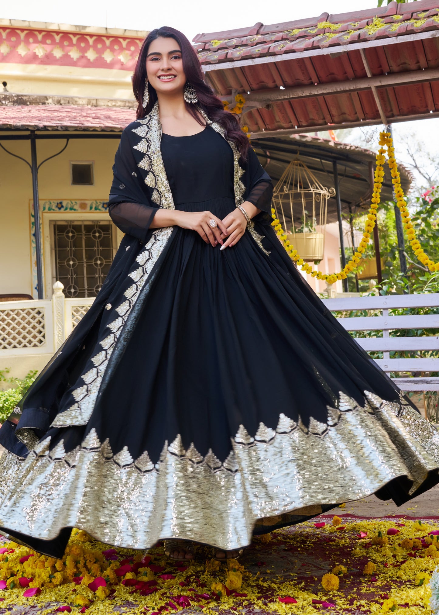 Black and Gold Embroidered Anarkali Gown