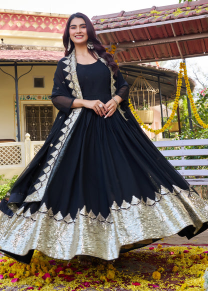 Black and Gold Embroidered Anarkali Gown
