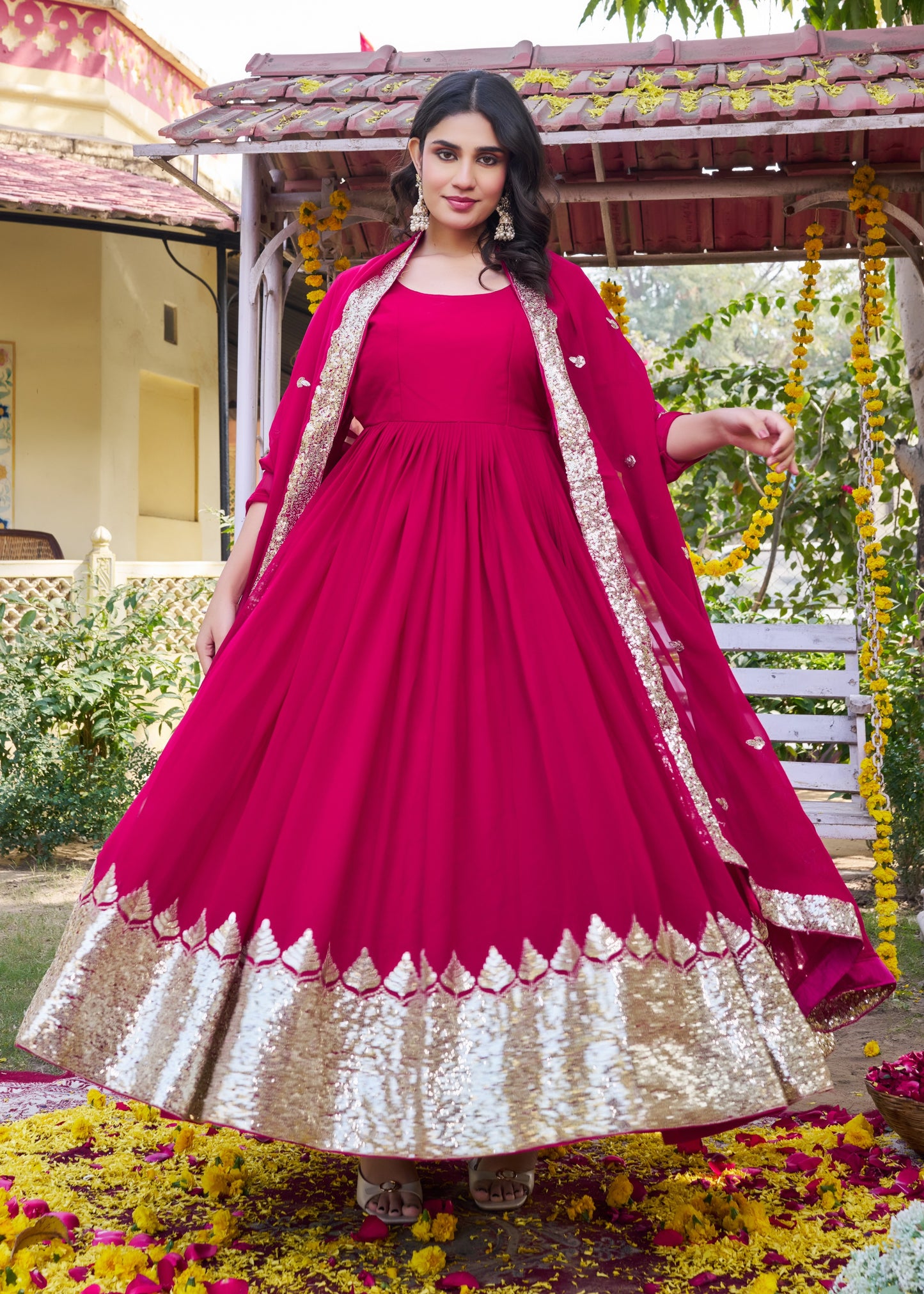 Rani Pink and Gold Embellished Gown