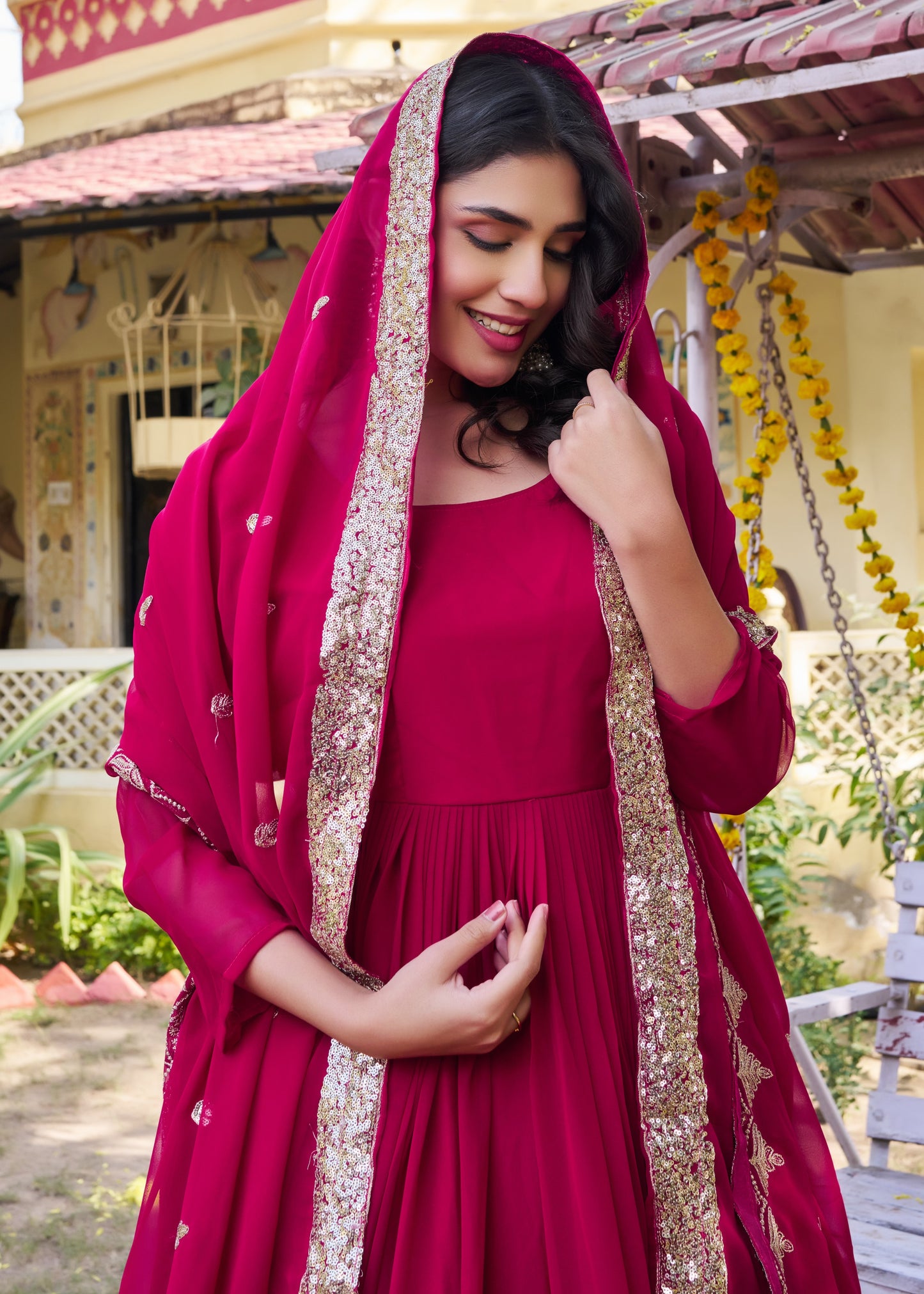 Rani Pink and Gold Embellished Gown
