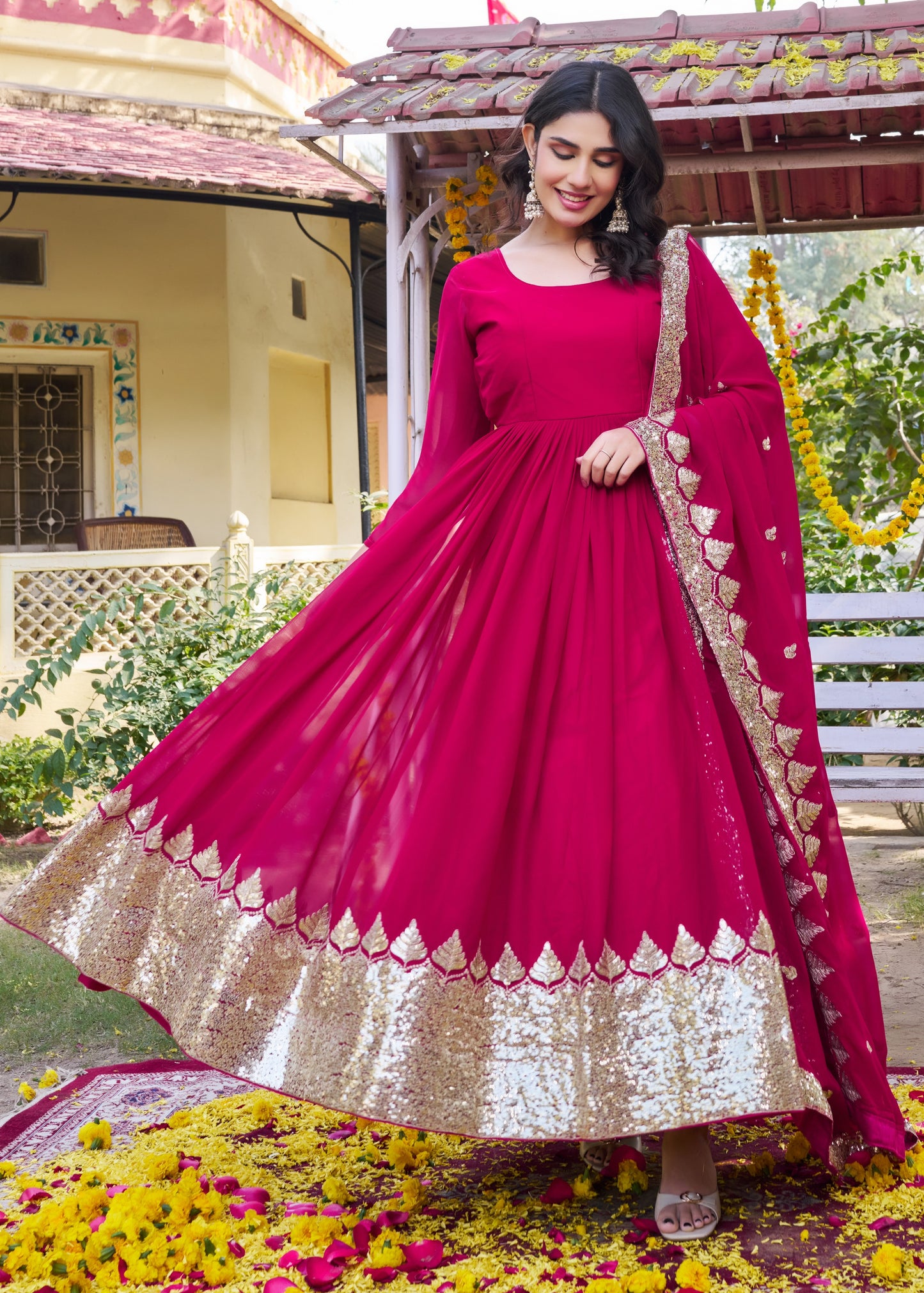 Rani Pink and Gold Embellished Gown