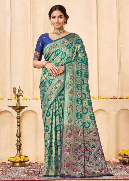Elegant Rama Green Banarasi Silk Saree with Royal Zari Weaving