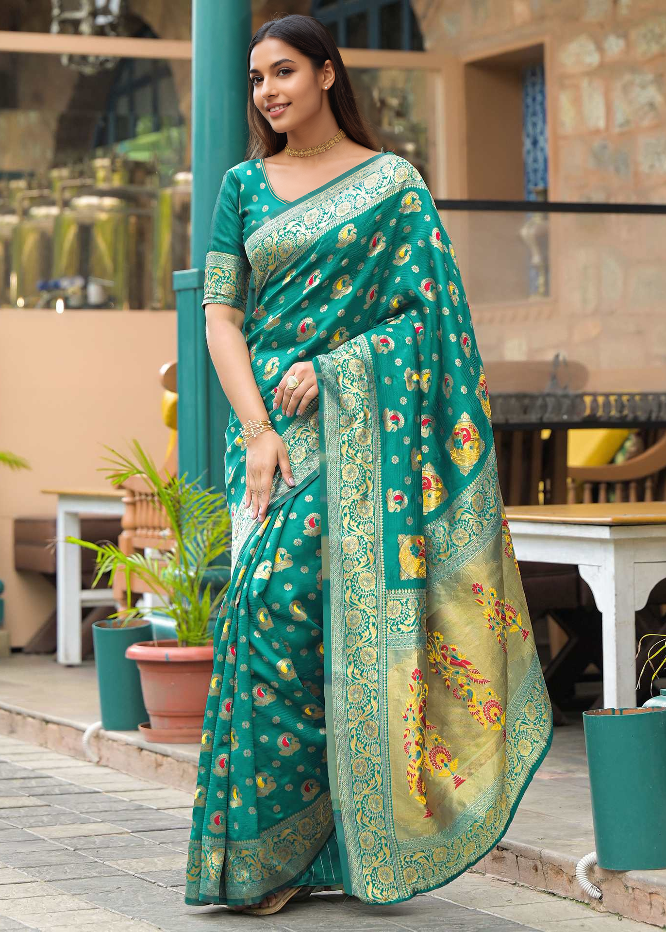 Teal Green Banarasi Silk Saree with Antique Gold Zari Work