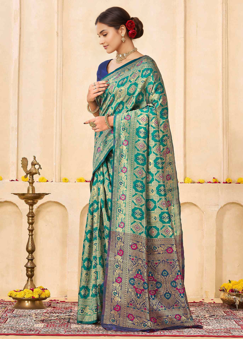 Elegant Rama Green Banarasi Silk Saree with Royal Zari Weaving