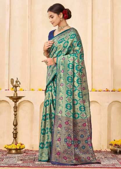 Elegant Rama Green Banarasi Silk Saree with Royal Zari Weaving