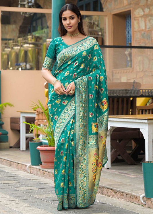 Teal Green Banarasi Silk Saree with Antique Gold Zari Work