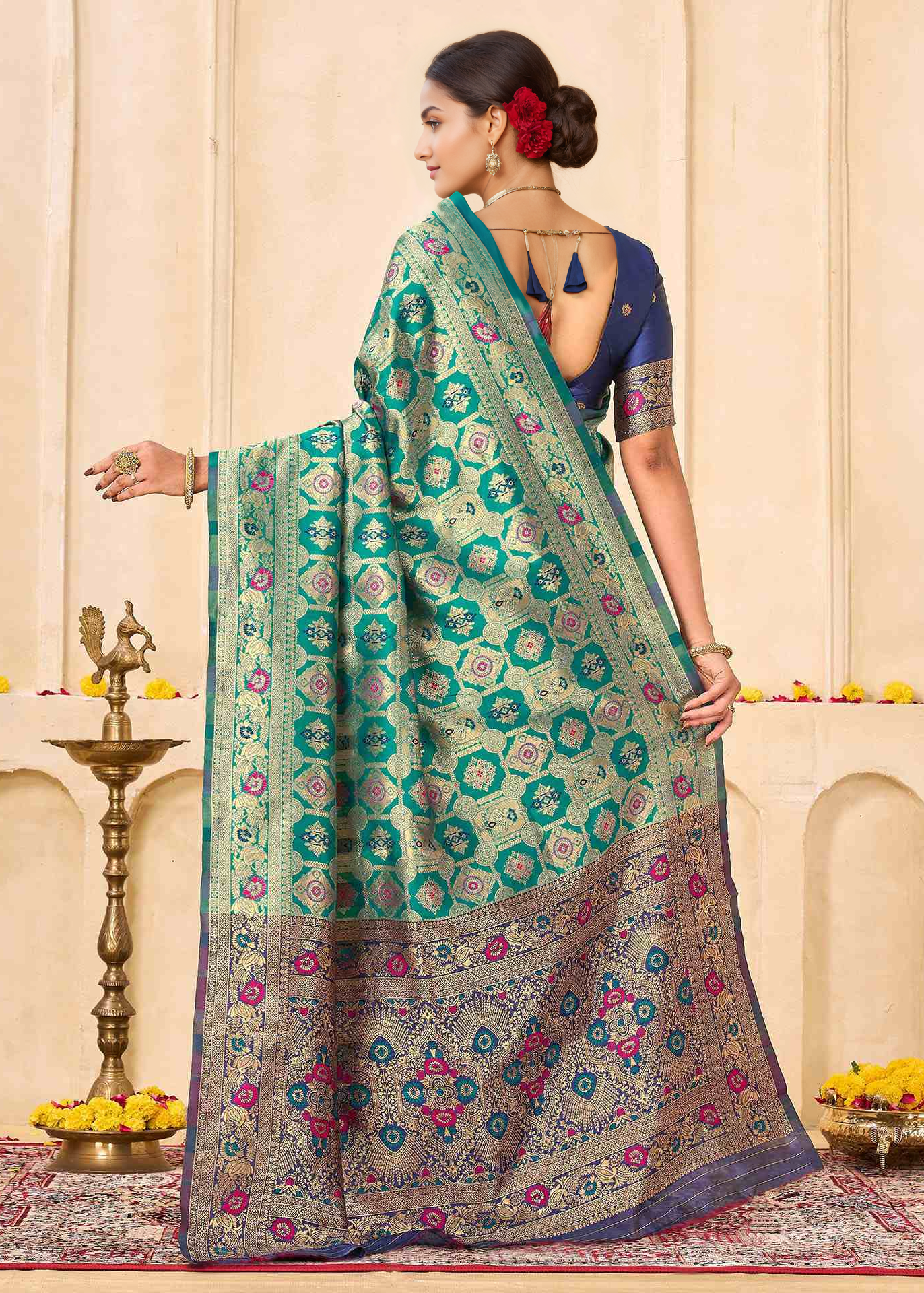 Elegant Rama Green Banarasi Silk Saree with Royal Zari Weaving